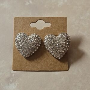 Silver Tone Heart Rhinestone Stud Earrings